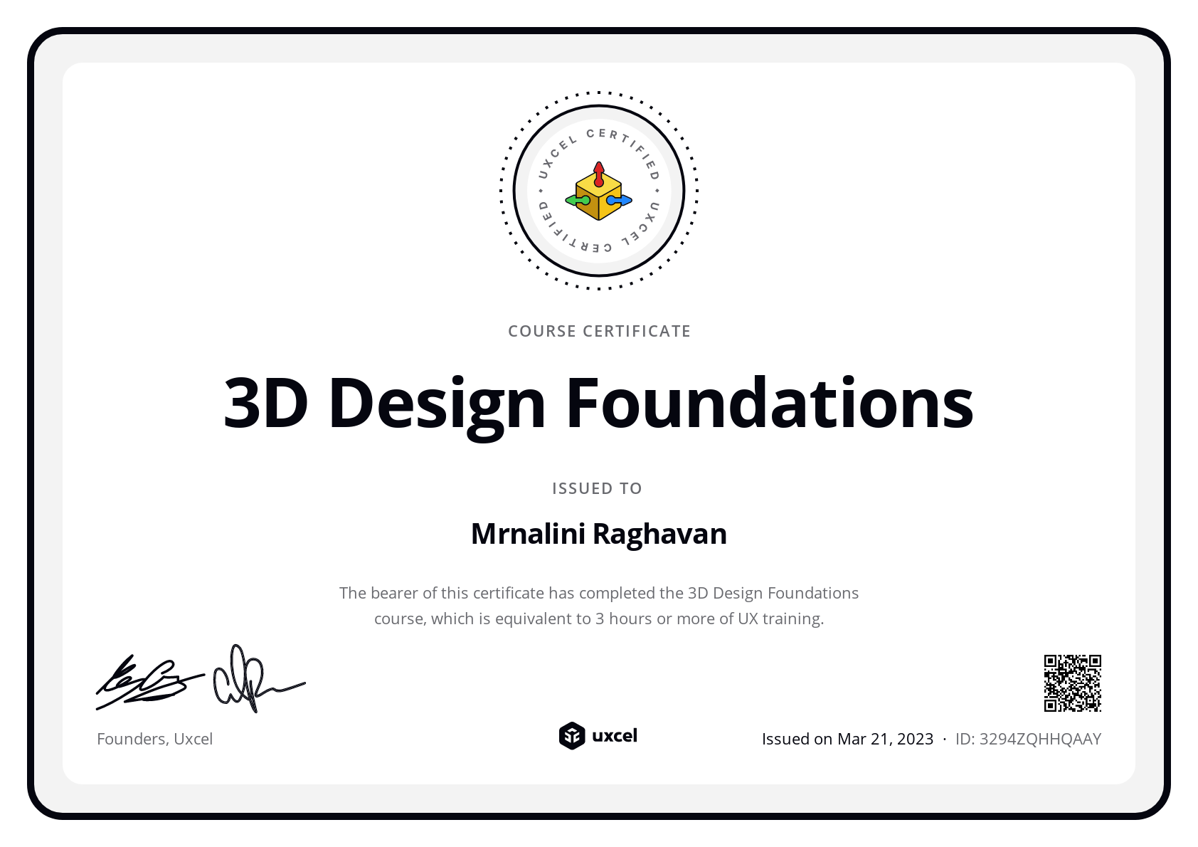 Mrnalini Raghavan's certificate